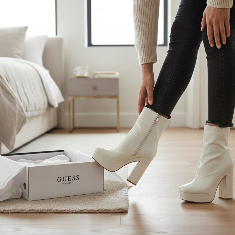 Guess Ivory Patent Leather Platform Ankle Boots W/Block Heel & Side Zipper 7M